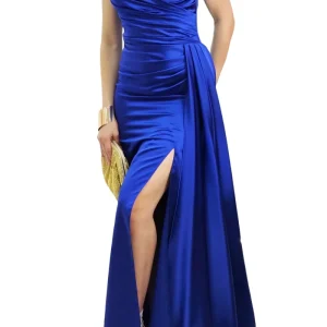 Abito donna lungo in satin con corpetto drappeggiato pannelo laterale con strascico