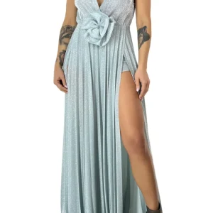 Abito donna lungo micro plisse tessuto lurex fili argento scollo a V incrocio giromanica e spacchi alti