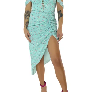 Abito donna in chiffon fantasia micro fiori lunghezza midi asimmetrico top bustier