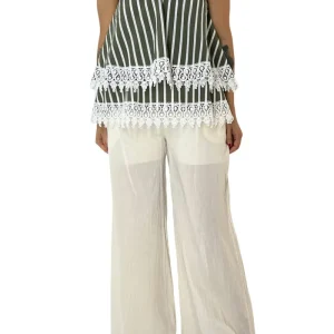 Top donna in cotone scollatura all’americana fantasia riga e dettagli in pizzo