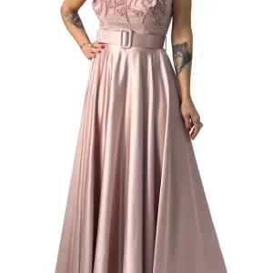 Abito donna longuette in raso con cintura removibile e con corpetto in pizzo con inserti ricamati a mano