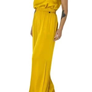 Pantalone donna in viscosa vita alta bustino elasticizzato gamba ampia e tasca a filo