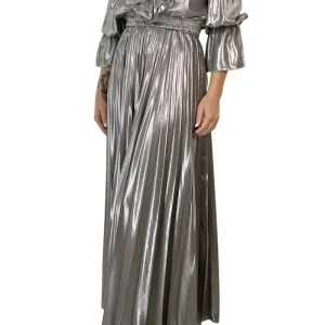 Blusa donna corta in argento metallizzato elastica in vita e polso con rouches e scollo a V