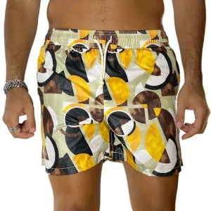 Costume da mare uomo beige fantasia cerchi con doppia tasca laterale a filo