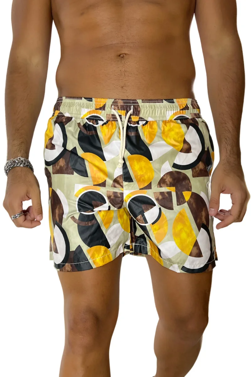 Costume da mare uomo beige fantasia cerchi con doppia tasca laterale a filo