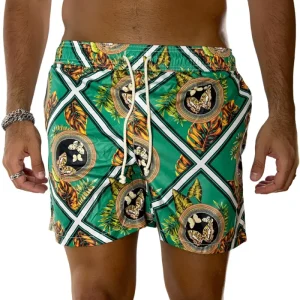 Costume da mare uomo verde fantasia barocca con doppia tasca laterale a filo