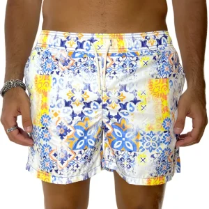 Costume da mare uomo celeste fantasia vietrese con doppia tasca laterale a filo