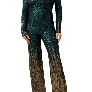 Tuta donna lunga in tessuto micro pailettes sfumate scollo alla schiena chiusura bottone collo