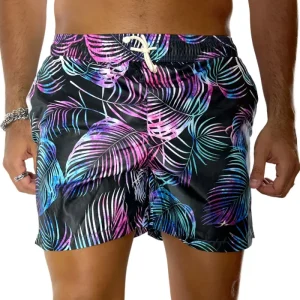 Costume da mare uomo nero fantasia palme con doppia tasca laterale a filo