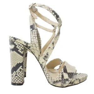 Sandali donna in pelle pitonata con tacco a cilindro e plateau chiusura con fibbia alla caviglia