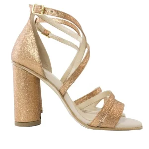 Sandali donna con glitter rame e tacco a cilindro con fasce incrociate e chiusura alla caviglia