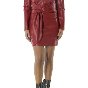 Abito donna corto fasciato in ecopelle manica lunga