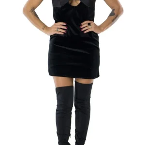 Abito donna corto a fascia in velluto effetto decollete fiocco raso