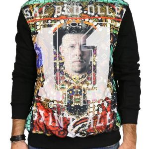 Felpa da uomo girocollo con stampa multicolor in raso sul davanti