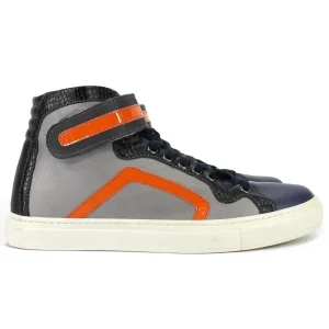 Sneakers uomo alta in pelle blu grigia arancio con strappi regolabili