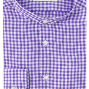 Camicia Uomo Slim Collo Coreano bianca fantasia quadri viola in lino