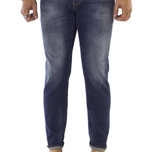 Jeans uomo slim scuro con sabbiatura beige modello 5 tasche chiusura bottoni made in italy