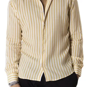 Camicia Uomo righe larghe Ocra In Viscosa vestibilita comoda Collo Italiano Piccolo