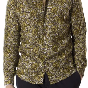 Camicia Uomo In Viscosa fantasia Egizia Marrone vestibilita comoda Collo Italiano