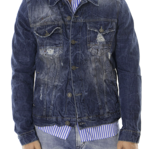 Giubbino estivo di jeans uomo rotture tinta unita slim fit chiusura con bottoni