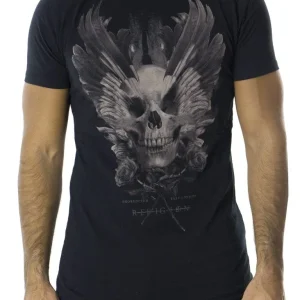 T-shirt uomo stampa teschio con ali modello girocollo regular cotone elastico