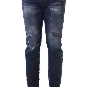 Jeans uomo slim fit ielastico lavaggio scuro modello twist con rotture toppe