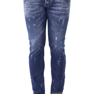 Jeans da uomo in cotone elastico slim 5 tasche lavaggio scuro con rotture