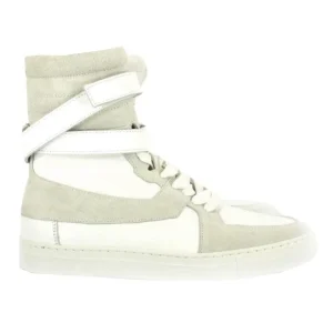 Sneakers alta in pelle e camoscio bianca e grigia al polpaccio