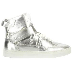 Sneakers alta in pelle argento effetto specchio suola bianca