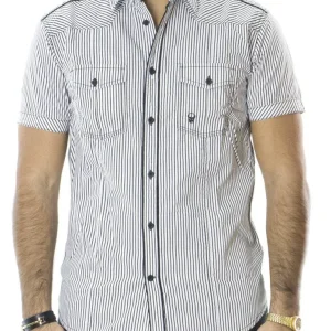 Camicia uomo mezze maniche in cotone elasticizzato fantasia riga slim