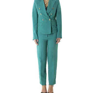 Giacca donna blazer corto sfoderato  in lino modello doppiopetto bottone tartarugato e spalline