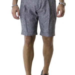 Bermuda uomo Grigio Scuro in lino vita alta con doppia pinces e tasca america