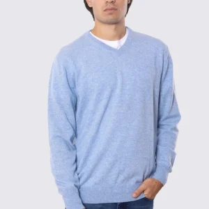 Maglione scollo a v celeste 100% cashmere a tubolare tinta unita con elastici sulle maniche e sul fondo Finezza 12