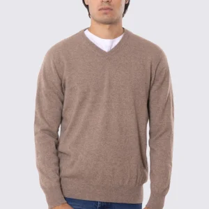 Maglione scollo a v tortora 100% cashmere a tubolare tinta unita con elastici sulle maniche e sul fondo Finezza 12