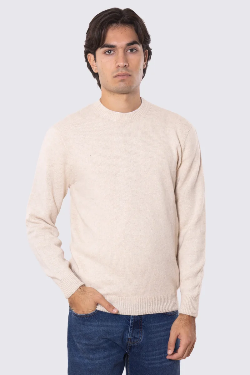 Maglione girocollo Beige Chiaro 100% cashmere a tubolare tinta unita con elastici sulle maniche e sul fondo Finezza 12