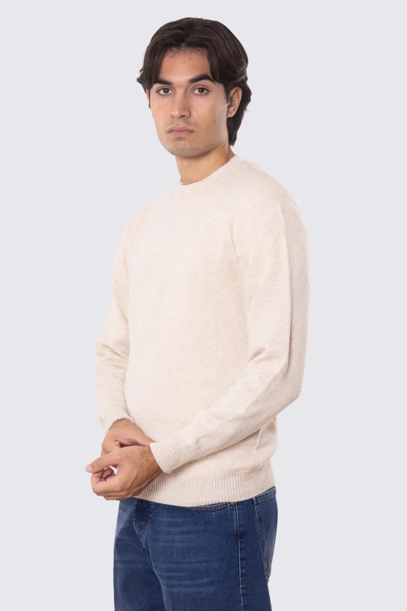 Maglione girocollo Beige Chiaro 100% cashmere a tubolare tinta unita con elastici sulle maniche e sul fondo Finezza 12 - immagine 3
