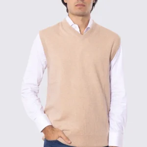 Gilet scollo a v beige 100% cashmere a tubolare tinta unita con elastici sulle maniche e sul fondo Finezza 12