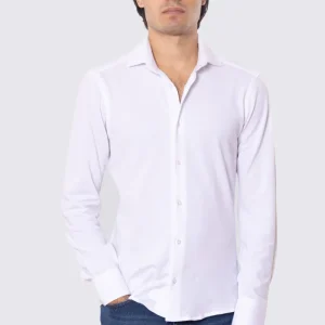 Camicia Uomo Bianca in piquet slim fit cotone 100% Collo semi francese tinta unita sartoriale