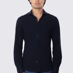 Camicia Uomo Blu in piquet slim fit cotone 100% Collo semi francese tinta unita sartoriale