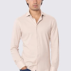 Camicia Uomo beige in piquet slim fit cotone 100% Collo semi francese tinta unita sartoriale