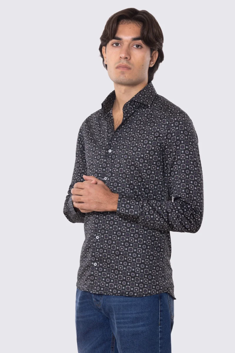 Camicia Uomo verde fantasia multicolor slim fit in cotone 100% Collo semi francese sartoriale - immagine 3