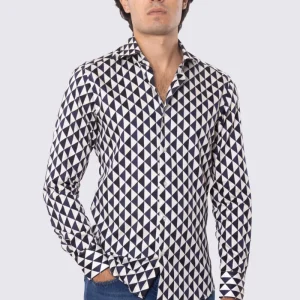 Camicia Uomo blu fantasia rombi multicolor slim fit in cotone 100% Collo semi francese sartoriale