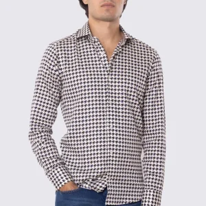 Camicia Uomo blu fantasia pied de polule grandi multicolor slim fit in cotone 100% Collo semi francese sartoriale