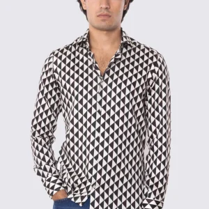 Camicia Uomo verde fantasia rombi multicolor slim fit in cotone 100% Collo semi francese sartoriale