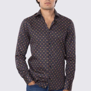 Camicia Uomo blu fantasia fiori slim fit in cotone 100% Collo semi francese sartoriale