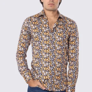 Camicia Uomo blu fantasia fiori slim fit in cotone 100% Collo semi francese sartoriale