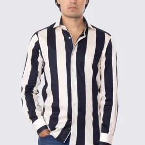 Camicia Uomo blu fantasia righe grandi blu e panna slim fit in cotone 100% Collo semi francese sartoriale