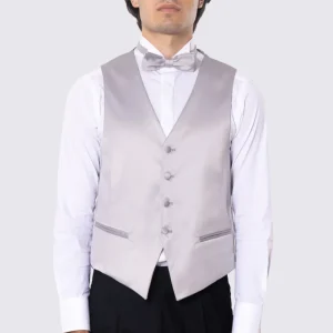 Gilet monopetto grigio in raso da uomo regular fit con tasche a filo e gancio di regolazione sul retro