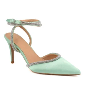 Scarpa donna decollete aperto in satin bordi e bracciale in microstrass  doppio giro regolabile